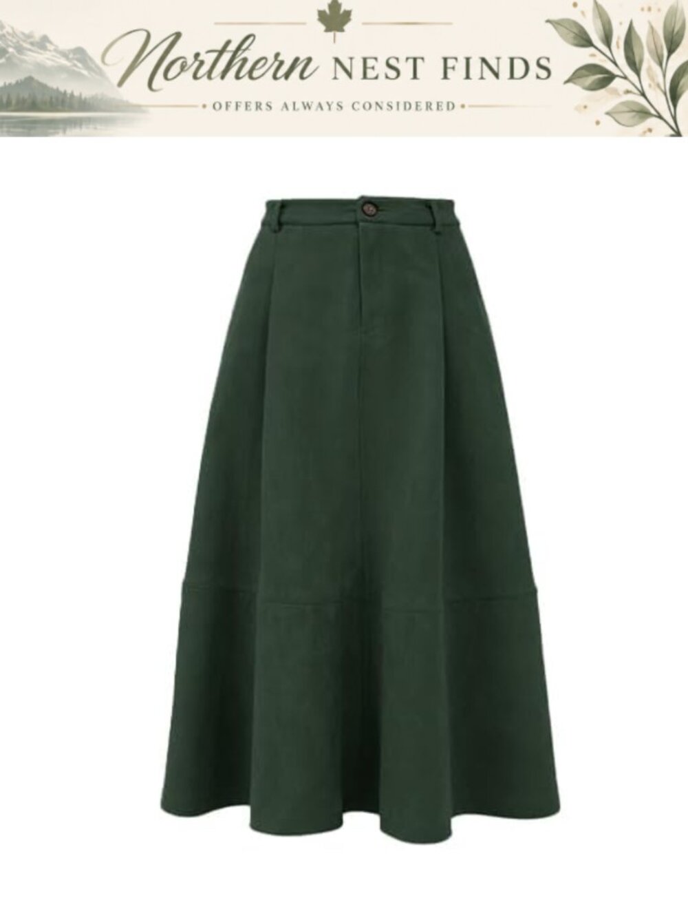 Faux Suede A-Line Midi Skirt Pleated High Waist with Pockets